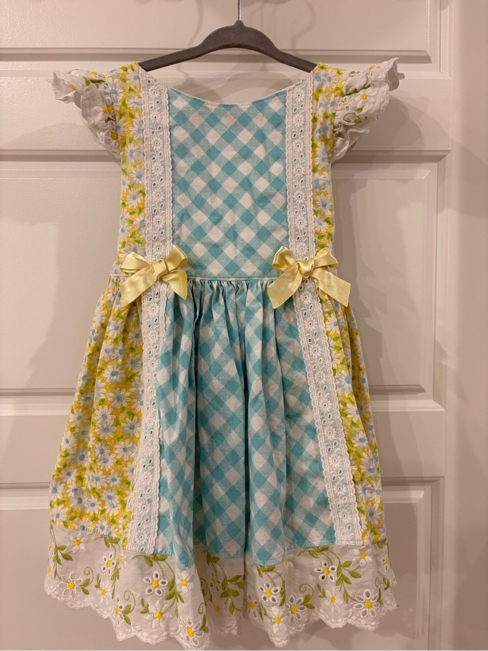 Boutique Blue Gingham & Yellow Floral Girls' Dress with Bows